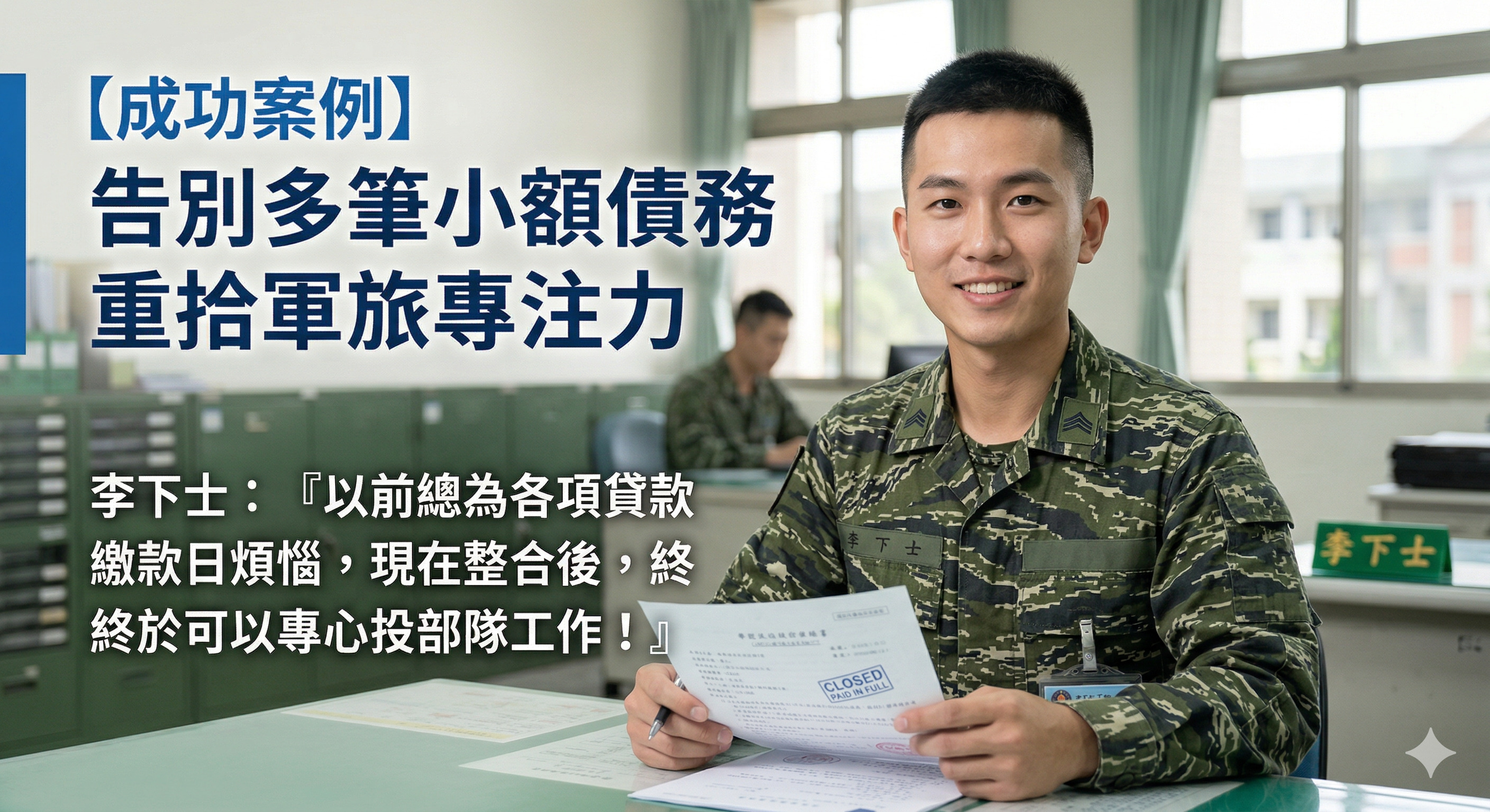 部隊李下士：告別多筆小額債務，重拾軍旅專注力
